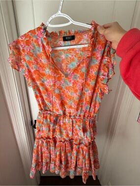 The Reset Floral Ruffle Mini Dress in Orange and Pink